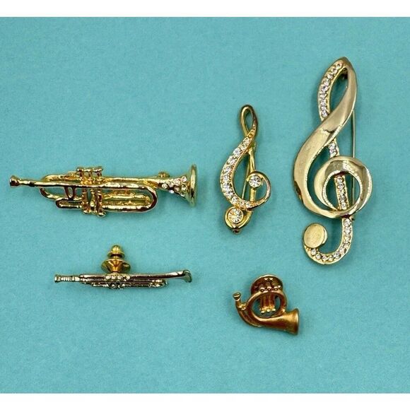 Vintage Gold Tone Music‎ Band Theme Brooch Pin Lot Of 5 Clef Trumpet Rhinestone - Picture 1 of 12